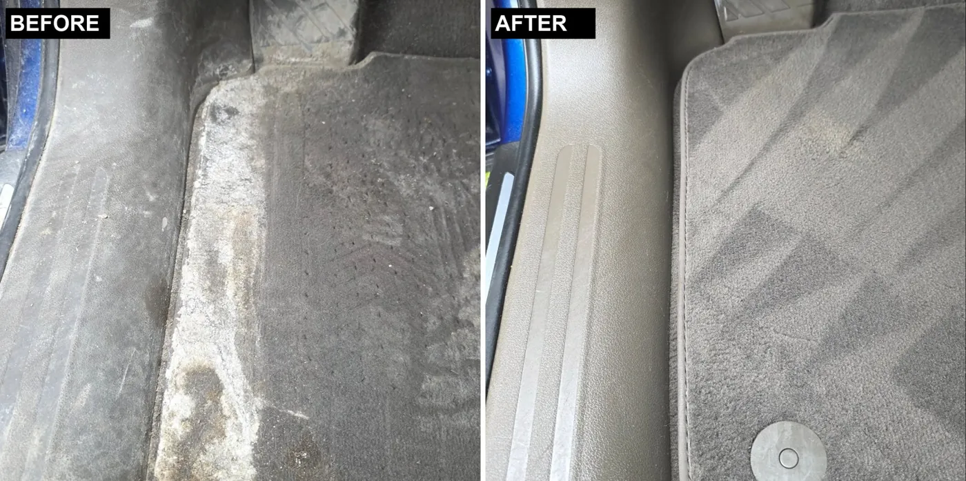 Car carpet salt stains before and after shampoo