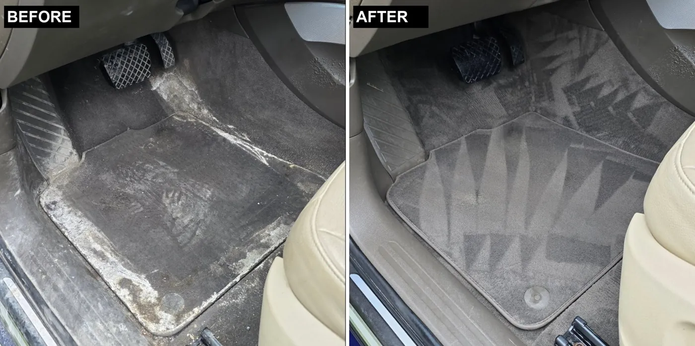 Salt-stained floor mat before and after shampoo
